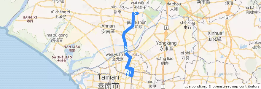 Mapa del recorrido 橘3(延駛台南公園_返程) de la línea  en Tainan.