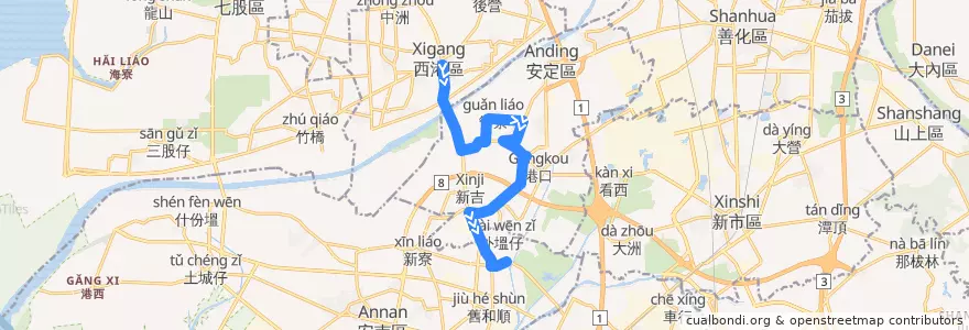 Mapa del recorrido 橘11(延駛安南醫院_往程) de la línea  en Distretto di Anding.