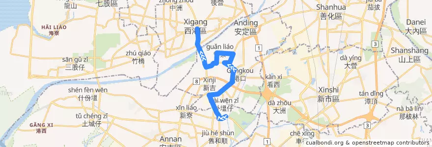 Mapa del recorrido 橘11(延駛安南醫院_返程) de la línea  en Anding District.
