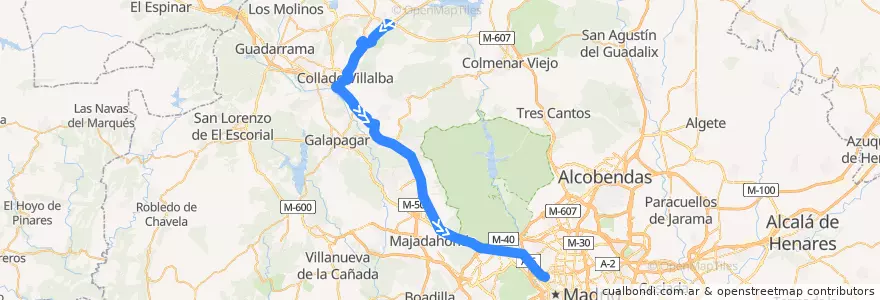 Mapa del recorrido Bus 671: Moralzarzal → Collado Villalba → Madrid de la línea  en منطقة مدريد.