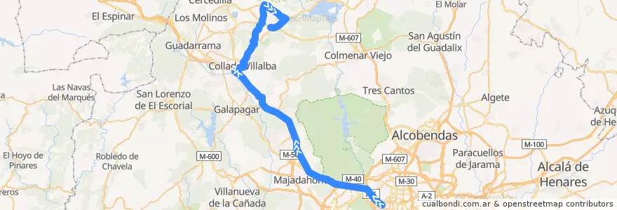 Mapa del recorrido Bus 672: Madrid (Moncloa) → Mataelpino → Cerceda de la línea  en Community of Madrid.