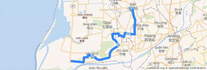 Mapa del recorrido 藍21(往程) de la línea  en 臺南市.