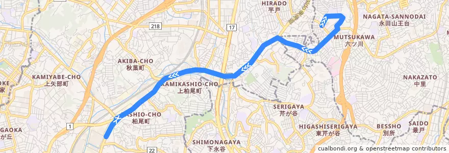 Mapa del recorrido 神奈中バス 井14 横浜パークタウン-不動坂 de la línea  en Yokohama.