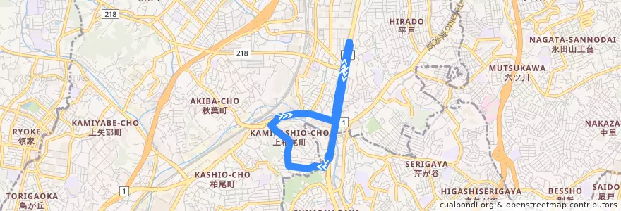 Mapa del recorrido 神奈中バス 東55 東戸塚駅東口-上柏尾町循環 de la línea  en 요코하마시.