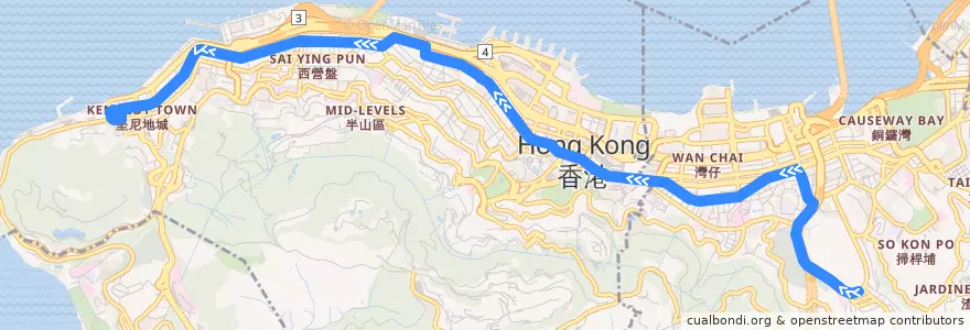 Mapa del recorrido 跑馬地 → 堅尼地城 Happy Valley → Kennedy Town de la línea  en 香港島 Hong Kong Island.