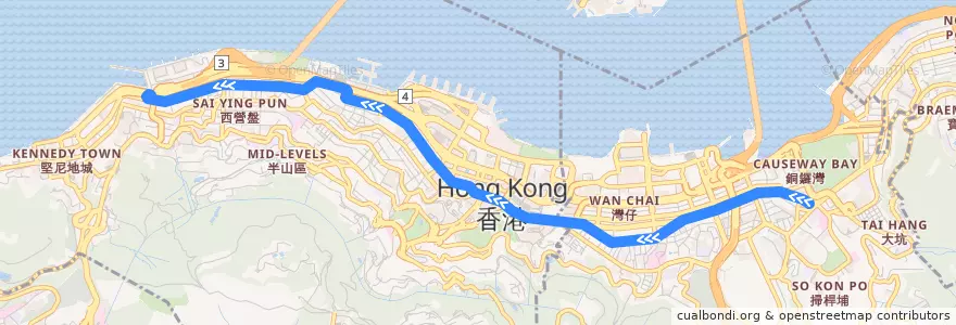 Mapa del recorrido 銅鑼灣 → 石塘咀 Causeway Bay → Shek Tong Tsui de la línea  en 香港島.