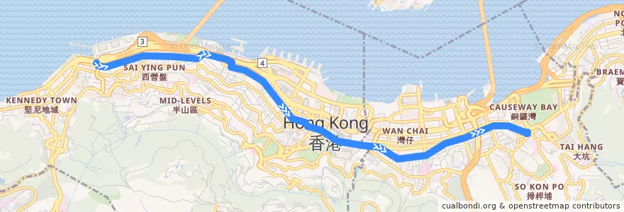 Mapa del recorrido 石塘咀 → 銅鑼灣 Shek Tong Tsui → Causeway Bay de la línea  en 香港島 Hong Kong Island.