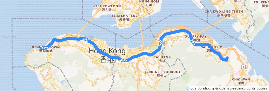 Mapa del recorrido 堅尼地城 → 筲箕灣 Kennedy Town → Shau Kei Wan de la línea  en 홍콩섬.