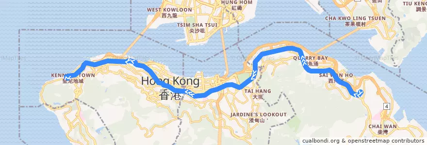 Mapa del recorrido 筲箕灣 → 堅尼地城 Shau Kei Wan → Kennedy Town de la línea  en Pulau Hong Kong.