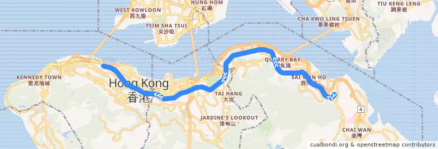 Mapa del recorrido 筲箕灣 → 上環 (西港城) Shau Kei Wan → Western Market de la línea  en Pulau Hong Kong.