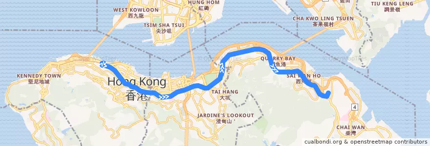 Mapa del recorrido 上環 (西港城) → 筲箕灣 Western Market → Shau Kei Wan de la línea  en جزیره هنگ کنگ.