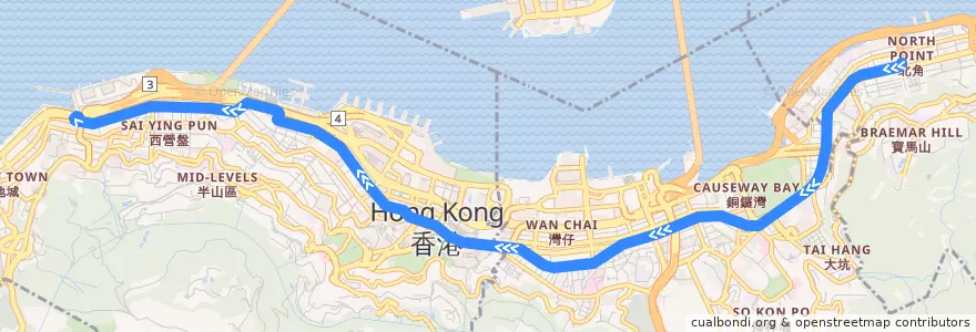 Mapa del recorrido 北角 → 石塘咀 North Point → Shek Tong Tsui de la línea  en 香港島.