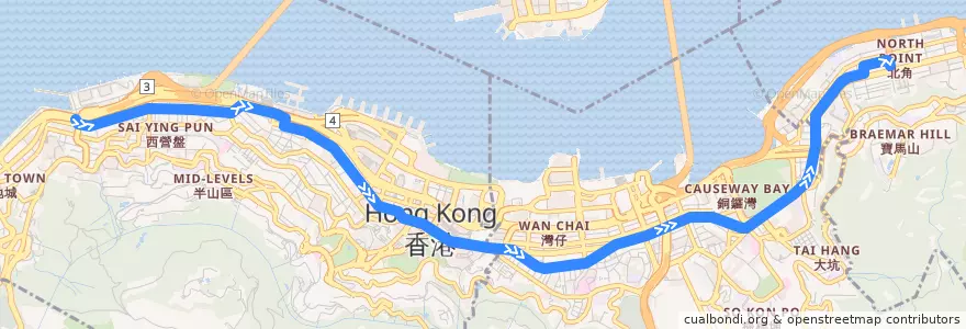 Mapa del recorrido 石塘咀 → 北角 Shek Tong Tsui → North Point de la línea  en 홍콩섬.