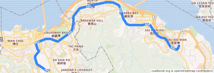 Mapa del recorrido 跑馬地 → 筲箕灣 Happy Valley → Shau Kei Wan de la línea  en 香港島 Hong Kong Island.