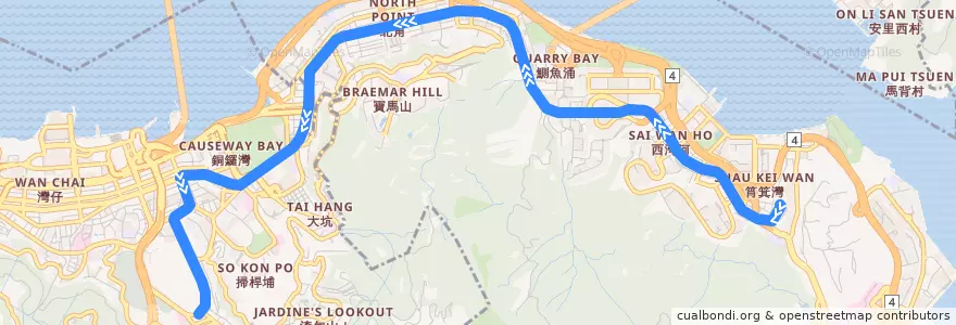 Mapa del recorrido 筲箕灣 → 跑馬地 Shau Kei Wan → Happy Valley de la línea  en Hong Kong Island.