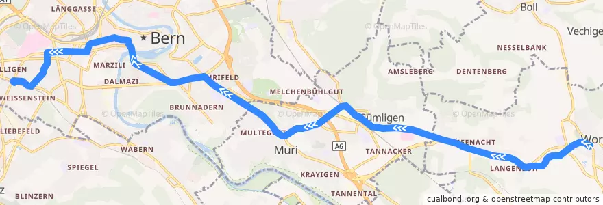 Mapa del recorrido Tram 6: Worb Dorf => Fischermätteli de la línea  en Verwaltungsregion Bern-Mittelland.