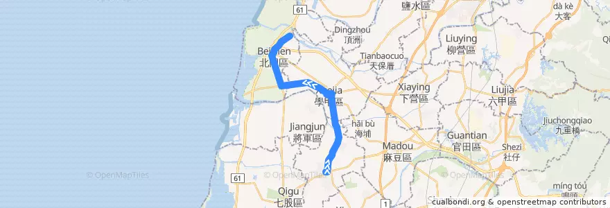Mapa del recorrido 藍2(往南鯤鯓_往程) de la línea  en 臺南市.