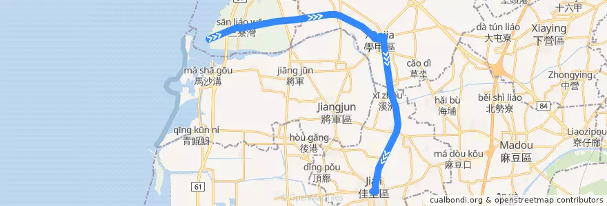 Mapa del recorrido 藍3(往佳里_返程) de la línea  en 臺南市.