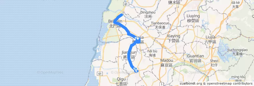 Mapa del recorrido 藍1(往南鯤鯓_往程) de la línea  en Tainan.