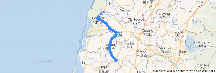 Mapa del recorrido 藍1(往佳里_返程) de la línea  en 臺南市.
