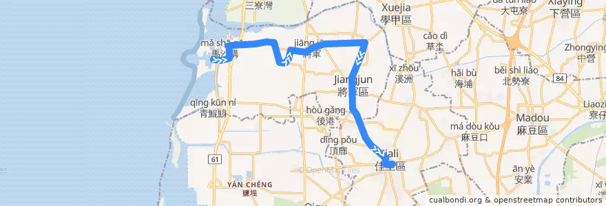 Mapa del recorrido 藍10(正線_返程) de la línea  en 臺南市.