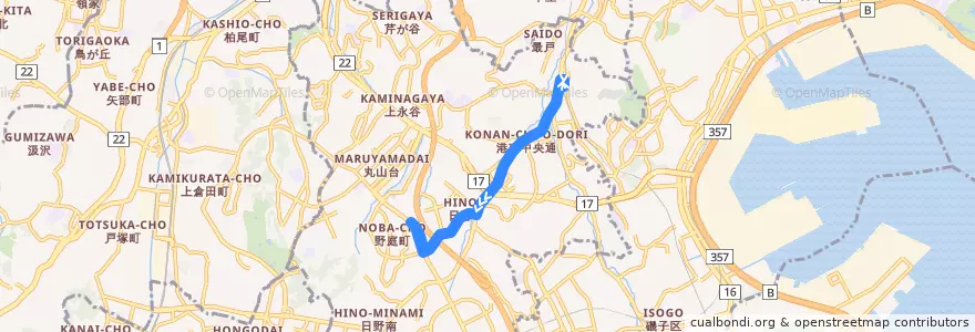 Mapa del recorrido 横浜市バス 52系統 上大岡駅前-野庭中央公園 de la línea  en 港南区.