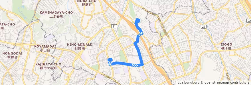 Mapa del recorrido 横浜市バス 217系統 港南台駅前-宮田橋・日野中央2丁目(循環) de la línea  en 港南区.