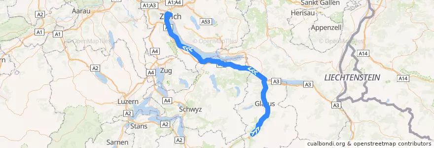 Mapa del recorrido S25: Linthal => Zürich HB de la línea  en İsviçre.