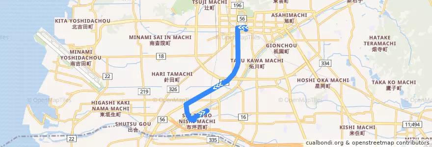 Mapa del recorrido 松山中央公園線 (松山市駅 - マドンナスタジアム) de la línea  en 松山市.