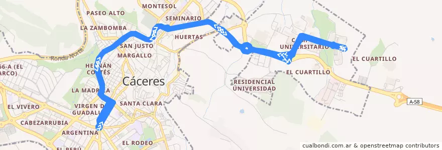 Mapa del recorrido LC (Av. Virgen de Guadalupe - Campus Universitario) de la línea  en Cáceres.