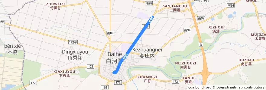 Mapa del recorrido 黃13(延駛白河國中_往程) de la línea  en 白河區.
