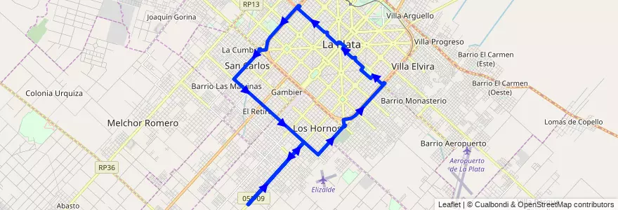 Mapa del recorrido 41 de la línea Sur en Partido de La Plata.