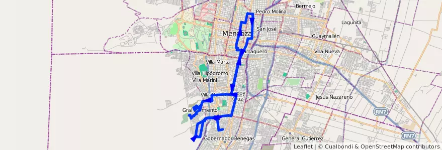Mapa del recorrido 41 - Foecyt - Sarmiento por San Martin - Estanzuela por Plaza Godoy Cruz de la línea G04 en Mendoza.