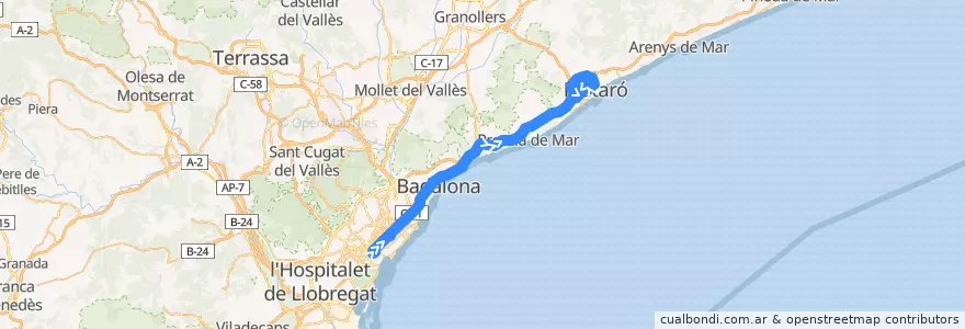 Mapa del recorrido e11.2: Barcelona => Mataró Nord de la línea  en Barcelona.