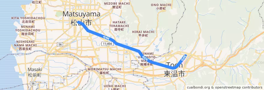 Mapa del recorrido 横河原線 (横河原 - 松山市) de la línea  en Ehime Prefecture.