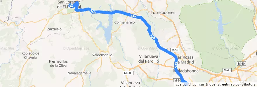 Mapa del recorrido Bus 667: San Lorenzo de El Escorial → Galapagar → Majadahonda (Hospital) de la línea  en منطقة مدريد.