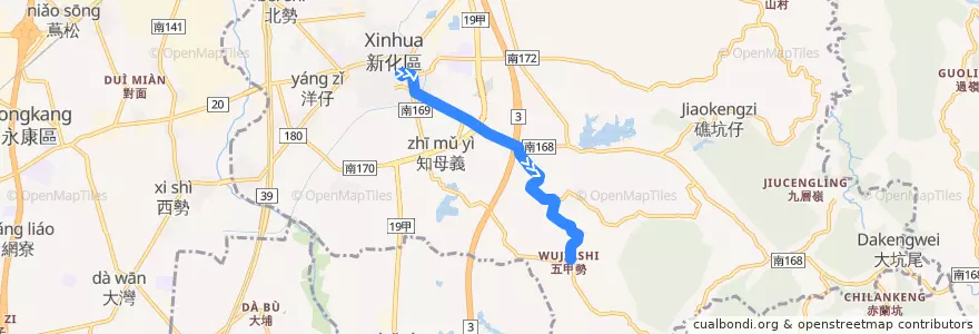 Mapa del recorrido 綠15(往程) de la línea  en 新化區.