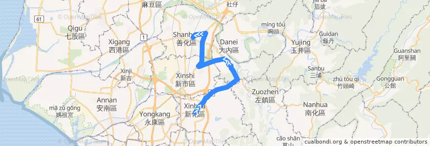 Mapa del recorrido 綠11(往善化轉運站_往程) de la línea  en Tainan.