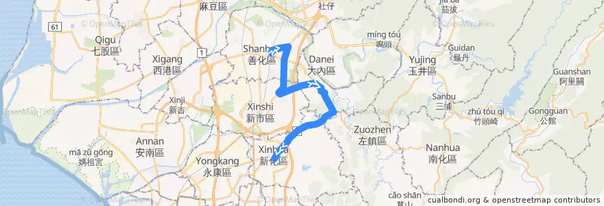 Mapa del recorrido 綠11(往新化_返程) de la línea  en 臺南市.