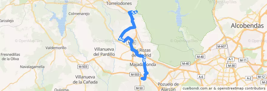 Mapa del recorrido Bus 620: Las Matas → Hospital Puerta de Hierro de la línea  en Área metropolitana de Madrid y Corredor del Henares.
