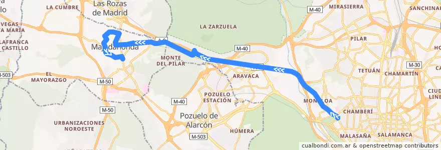 Mapa del recorrido Bus 651: Madrid (Moncloa) → Majadahonda (Avda. de España) de la línea  en Área metropolitana de Madrid y Corredor del Henares.