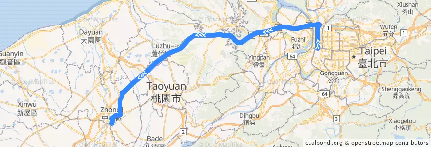 Mapa del recorrido 1818 臺北→中壢 de la línea  en تايوان.