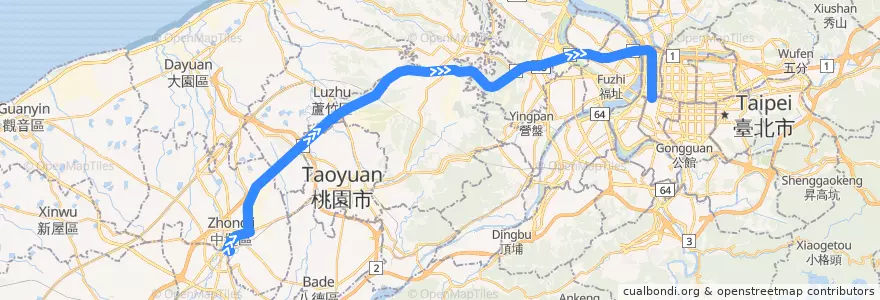 Mapa del recorrido 1818 中壢→臺北 de la línea  en Taiwan.