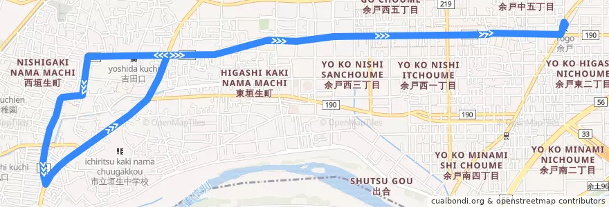 Mapa del recorrido 電車連絡余戸今出ループ線 de la línea  en 松山市.