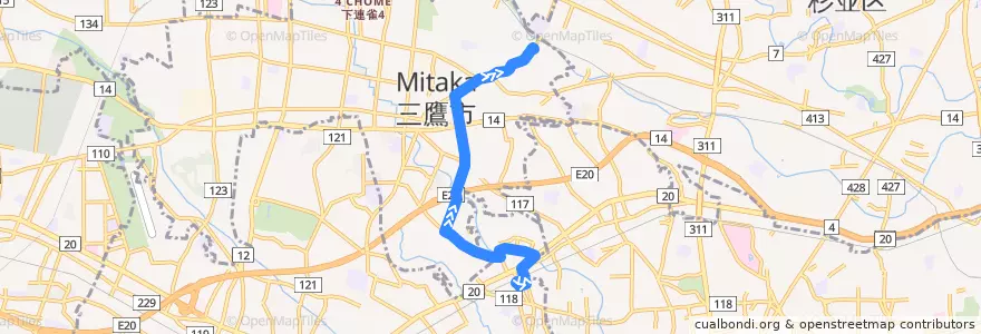 Mapa del recorrido Bus 仙01 仙川駅->三鷹台駅 de la línea  en Tokyo.