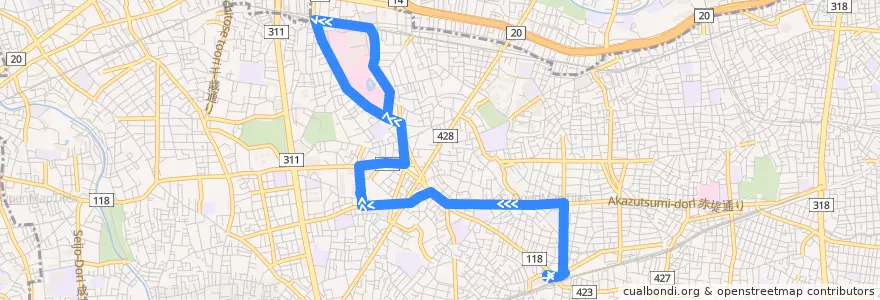 Mapa del recorrido 経02 de la línea  en 世田谷区.