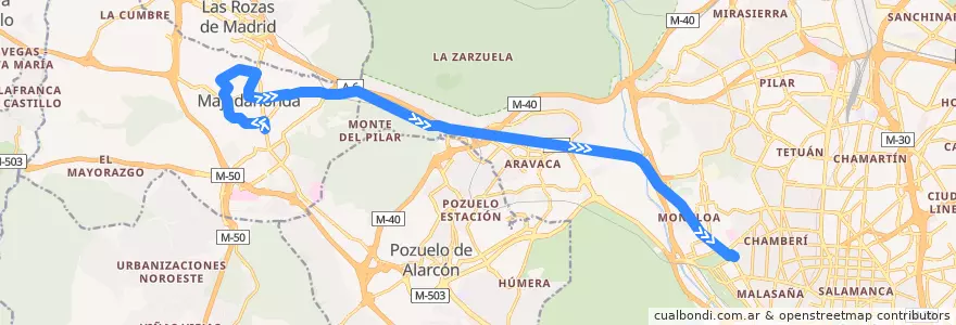 Mapa del recorrido Bus 651: Majadahonda (Avda. de España) → Madrid (Moncloa) de la línea  en Área metropolitana de Madrid y Corredor del Henares.