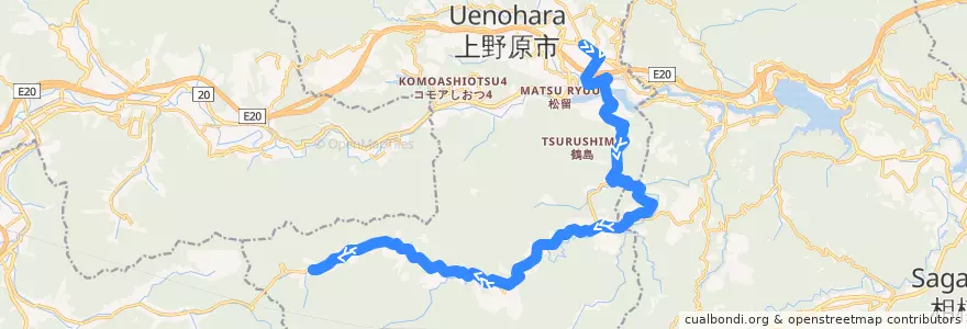 Mapa del recorrido 本町三丁目 - 上野原駅 - 無生野 de la línea  en 上野原市.