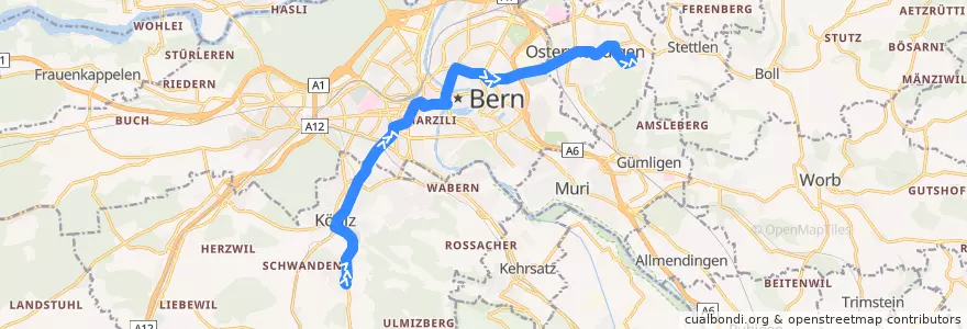 Mapa del recorrido Bus 10: Köniz Schliern => Ostermundigen Rüti de la línea  en Verwaltungsregion Bern-Mittelland.