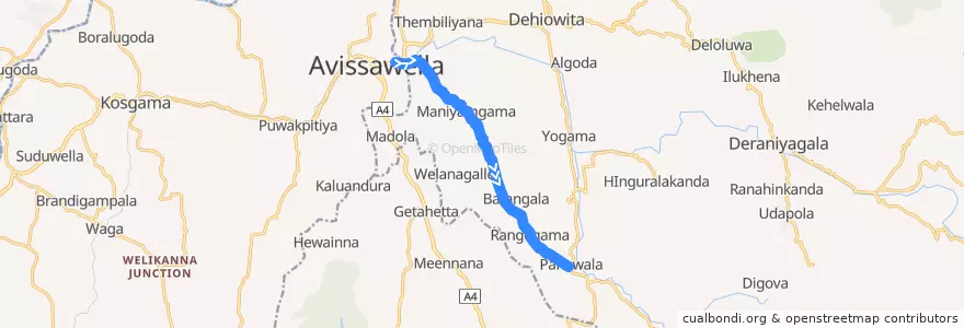 Mapa del recorrido Avissawella - Panawala Road de la línea  en කෑගල්ල දිස්ත්‍රික්කය.